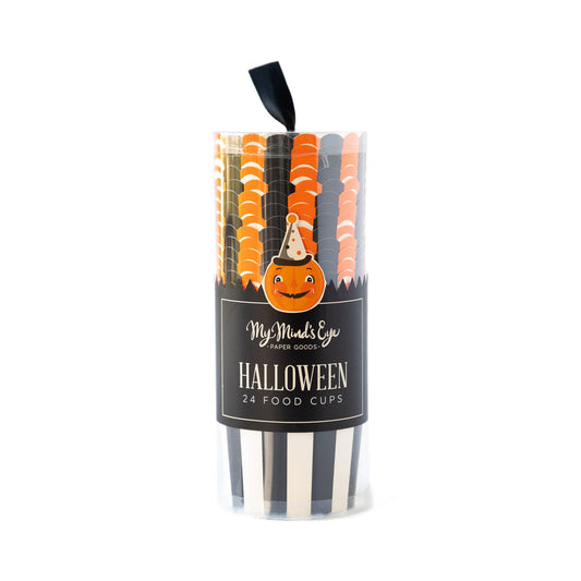 A 24-pack of Halloween themed food treat cups with orange and black design.