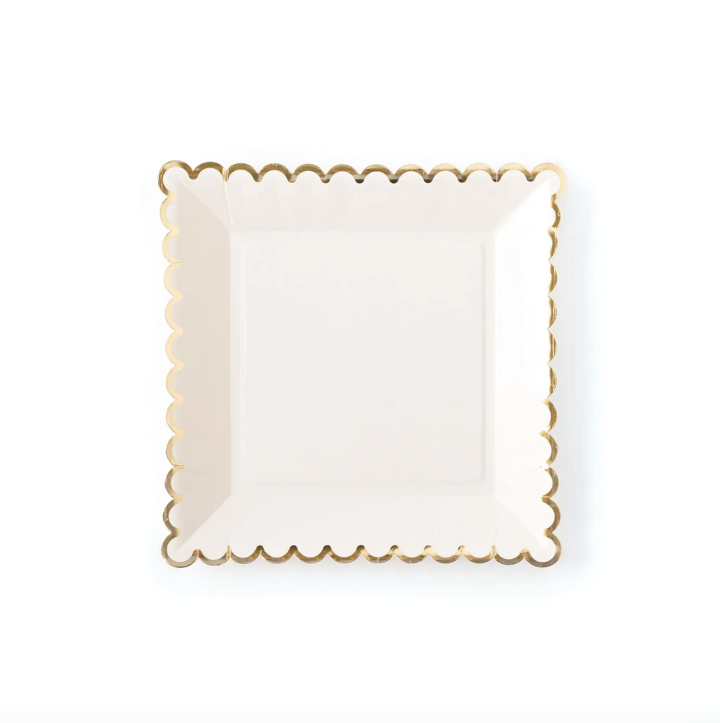 Cream colored Square 9" Party Plates with Gold Scalloped Edge.