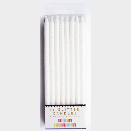 Tall White Glitter Birthday Candle Set - 16pk