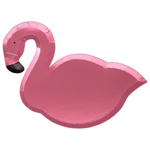 Pink Metallic Flamingo Die Cut Party Plate, featuring the flamingo body shape and head.